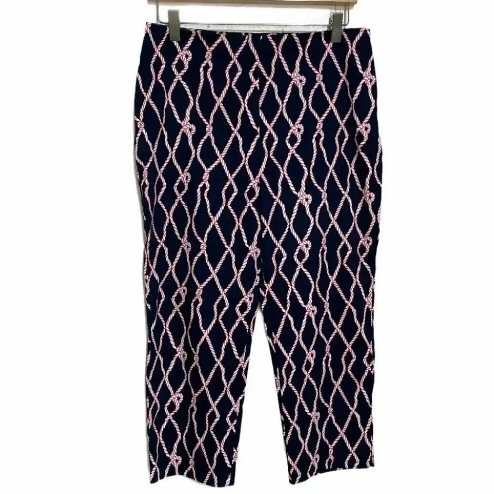 Talbots Heritage Cropped Pants 8P Navy Blue Nautical Rope Print Side Zip Stretch